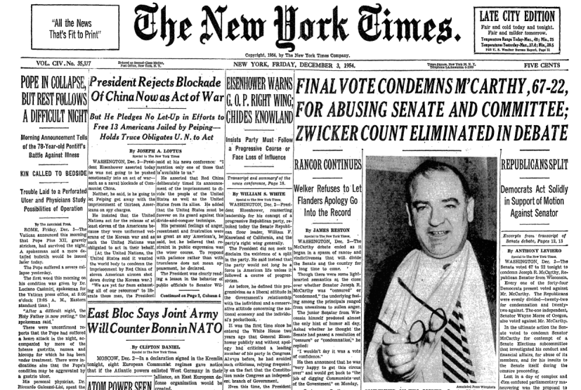 NY Times headline at end of McCarthyism